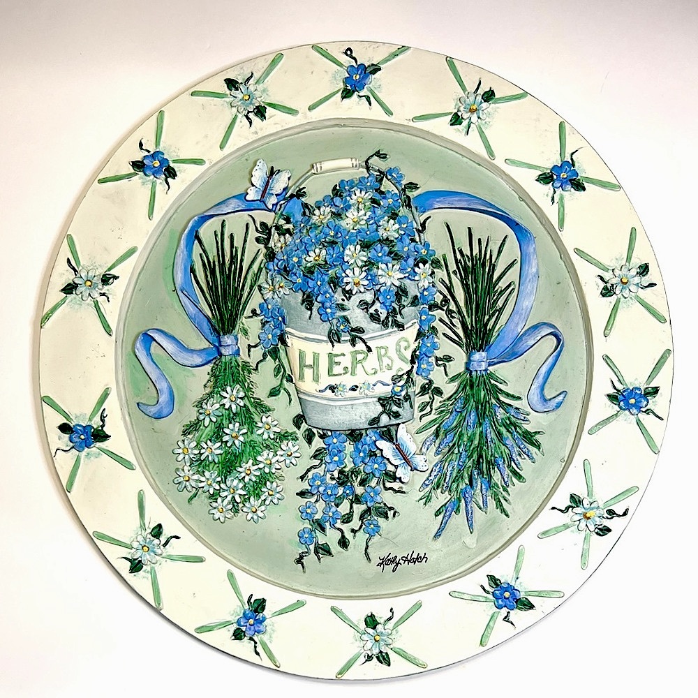 Vintage Kathy Hatch Blue Floral “Herbs”Decorative Stepping Stone/Wall Hanging